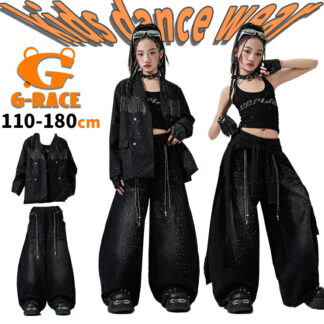 キラキラ柄 ダーク系 キッズ ダンス衣装 セットアップ クール 女の子 かっこいい 上下セット ブラック ジャケット 黒 タンクトップ へそ出し デニムパンツ ラインストーン 韓国子供服 モノトーン