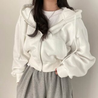 レディース トップス パーカー フーディー ショート丈 短丈 長袖 ボリューム袖 ワイド フード ファスナー ポケット 前開き 個性的 フリーサイズ ダークグレー 白 シンプル カジュア
