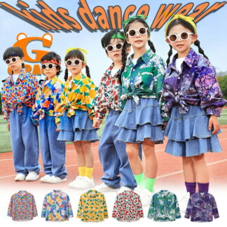 子供 6色 柄シャツ タイル シャツ 総柄シャツ レトロ 長袖 派手 キッズ ダンス衣装 セットアップ 小花柄 デニムスカート デニムパンツ デニム 男の子 女の子 hiphop ダボパン