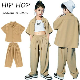 ベージュ キッズ ダンス衣装 セットアップ 男の子 女の子 シャツジャケット カーゴパンツ カジュアルパンツ カッコイイ Ｔシャツ キャミソール 韓国 K-POP 団体服 演出服 舞台服 練習
