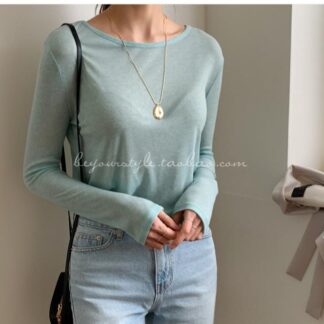 レディース 長袖Tシャツ 春夏 薄手 微透 爽やか ミントグリーン 丸首 インナー トップス 普段使い 通勤用 軽量 伸縮性 コットン混 ビッグシルエット 吸湿速乾