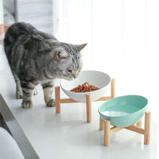 フードボウル 陶器製 猫 ネコ 猫用 竹製スタンド 犬 犬用 シンプル パステルカラー セラミック ペット用 食器 エサ入れ 動物 お皿 餌入れ 水入れ 食台 容器 スタンド ペット皿