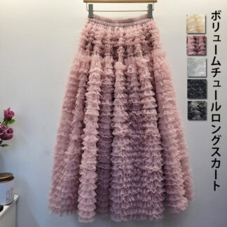ボリュームチュールロングスカート スカート ボトムス レディース 春夏 冬 チュールスカート ボリューム 大人 ロングスカート 秋冬 チュール 大きいサイズ ウエストゴム フレアスカ ロング