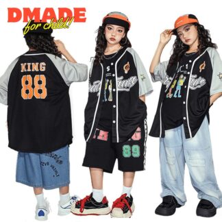 ベースボールシャツ 半袖 パンツ 黒 青 キッズダンス衣装 シャツ ベスト デニムパンツ ショートパンツ 子供服 ヒップホップ 衣装 男の子 ダンス衣装 ストリート系 女の子