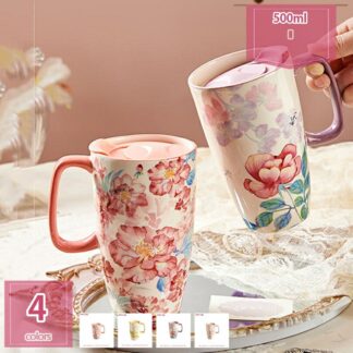 マグカップ 陶器製 500ml 蓋付き スプーン付き 無地 エレガント ロマンチック 田園風 holosbird-goods1 ギフト 母の日 普段使い コーヒーカップ アフタヌーンティー 敬老の日