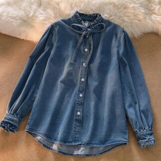 ブラウス レディース トップス シャツ デニム 立ち襟 フリル リボン ボウタイ 長袖 春 春服 シンプル カジュアル 通勤着にも最 おしゃれ