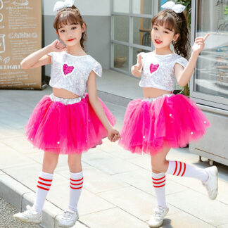 キッズ ダンス 衣装 スパンコール トップス チュチュスカート 上下セット キラキラ ダンス衣装 女の子 チアダンス ガールズ 110 120 130 150 160 子 140