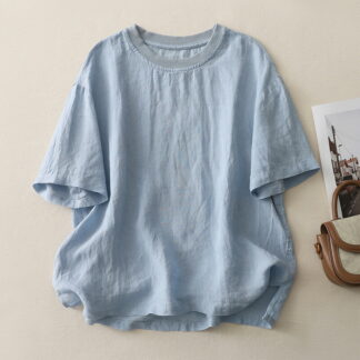 Tシャツ レディース 半袖 綿麻調 リブ切り替え クルーネック トップス ゆったり 体型カバー 無地 2026新作 レトロ ナチュラル カジュアル 大人かわいい 春 夏 プルオーバー