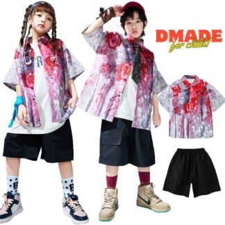 柄シャツ 薔薇 キッズダンス衣装 ヒップホップ セットアップ 衣装 ハーフパンツ シャツ カラフル 半袖 子供服 男の子 女の子 Hiphop 小学生 キッズファッション 夏 学生ダンス
