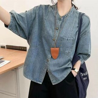 パフスリーブ デニムシャツ 七分袖 シャツ トップス レディース バンドカラー 大人カジュアル 春夏 コットン デニム 夏 春 切り替え 綿 無地 ブラウス ジュアル オフィス 通勤 日常 ゆったり