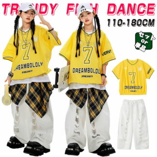 ダメージパンツ キッズ ダンス衣装 セットアップ ヒップホップ ストリート 半袖 トップス ロングパンツ イエロー ホワイト 子供服 韓国kpop hiphop ダンスウェア 原宿系 発表会 女の子