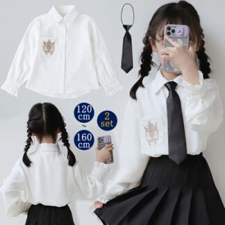 子供 キッズ ブラウス 女の子 ジュニア 150 160 シャツ おしゃれ リボン付 子供服 長袖 角襟 ネクタイ コットン フォーマル 白 卒業式 卒園式 入園式 入学式