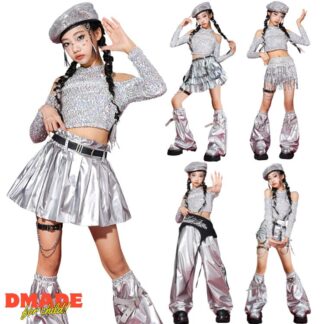 スパンコール ダンス衣装 キッズ セットアップ トップス スカート パンツ ショート丈 ロング丈 シルバー メタリック ヒップホップ 衣装 HIPHOP 韓国 派手 オフショルダー kpop