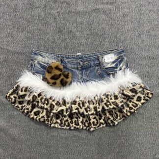 デニム ミニスカート レディース 豹柄 レオパード 切り替え レース付き ギャル服 ストリート系 ショート丈 ボトムス セクシー パンク風