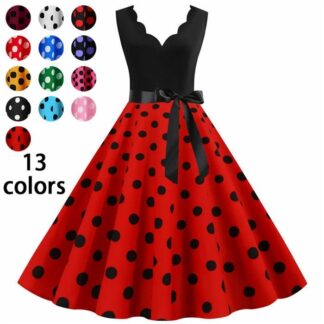 ワンピース ダンス衣装 レディース レトロワンピース 夏服 Aライン ノースリーブ 袖なし Vネック パーティードレス ドット柄 水玉 大きい裾ドレス キャミソール リボン フレアワンピース