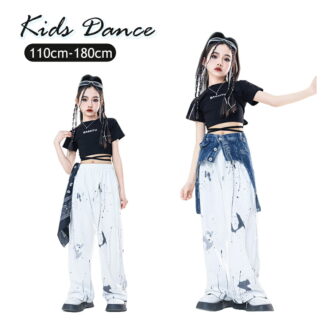 キッズ ダンス衣装 パンツ セットアップ ショートトップス デニム腰巻 かっこいい 女の子 韓国 ヒップホップ HIPHOP K-POP ペイントパンツ 長ズボン ストリートダンス 演出