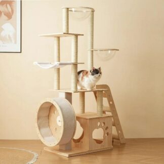 頑丈 おしゃれ 運動不足解消 高い安定性 ペット用品 大型猫 子猫 可愛い 木製 爪とぎポール 上り下りしやすい 高さ165.5cm ネコタワー 宇宙船 ランニングホイール付き 据え置き キ