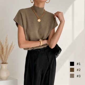 サマーニット ボトルネック カットソー レディース 半袖 ノースリーブ ハイネック シャツ トップス ブラウス シャツブラウス シンプル 着痩せ 美ライン インナー カジュアル 着回し力抜群 高級感