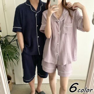 カップルパジャマ ペアパジャマ 春夏 半袖ルームウェア ペアルック 前開き オシャレ コートン 上下セットレディース 可愛い 無地 ギフト メンズパジャマ 部屋着 綿