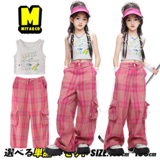 赤系 タータンチェック カーゴパンツ ピンク ダボパン 女の子 キッズダンス衣装 セットアップ ヒップホップ チアダンス チアガール グレー タンクトップ 総柄 ショート丈 トップス へそ出