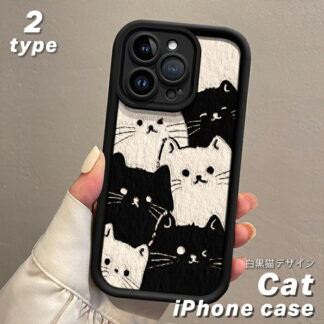猫柄スマホケース iPhone ストラップ付き 白黒 猫デザイン 背面ケース 猫アイテム 猫のスマホケース iPhone16ケース iPhone15ケース iPhone14ケース 白黒猫