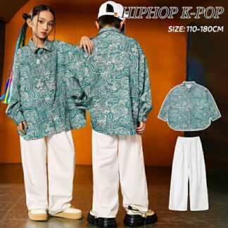 キッズダンス衣装 セットアップ ペイズリー柄 柄シャツ トップス グリーン シャツ 白 パンツ ロングパンツ ストリート 原宿系 女の子 男の子 子供服 かっこいい