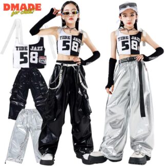 キッズ ダンス 衣装 チアガール 数字 ガールズ シルバー パンツ 黒 ブラック ロングパンツ 銀色 フリル スカート プリーツスカート ステージ衣装 ジャズダンス ダンスウェア セットアップ