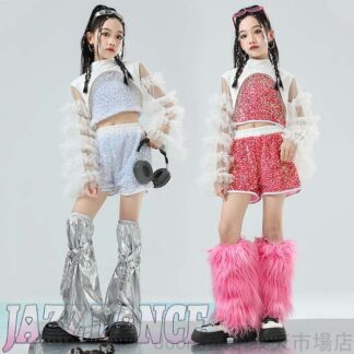 ダンス 衣装 セットアップ キッズ k-pop ジャッズ ジャズ スパンコール キラキラ ヒップホップ 上下セット へそ出し ダンス衣装 トップス ジュニア 韓国子供服