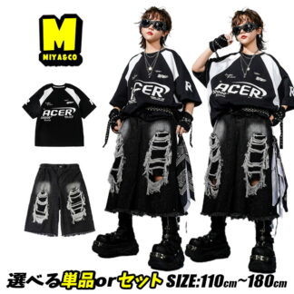 レーサー風 hiphop ブラック キッズダンス衣装 セットアップ 白黒ｔシャツ ダボパン 半袖 英字 ダメージ加工 デニムパンツ 黒 デニム短パン 個性 おしゃれ 団体服 発表会 ストリート