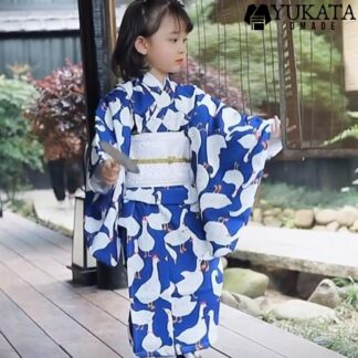 キッズ 浴衣 スワン 女の子 子供 8点セット ブルー 白 腰ひも 帯 足袋 髪飾り 肌襦袢 下駄 巾着袋 子供服 ベビー 和服 ガチョウ 七五三 夏祭り 花火大会 上品