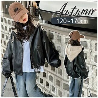 レザー ジャケット キッズ ライダースジャケット 女の子 子供 アウター トップス PU スタジャン PUレザー キッズジャケット 帽子付き 厚手 裏起毛 かっこいい 長袖 寒さ あたたかい