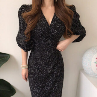 ワンピース レディース 韓国 ラップワンピース ロング丈 ロングワンピース ドット柄 小柄 5分袖 カシュクール セクシー エレガント Ｖネック パフスリーブ おしゃれ 春 夏 ブラック