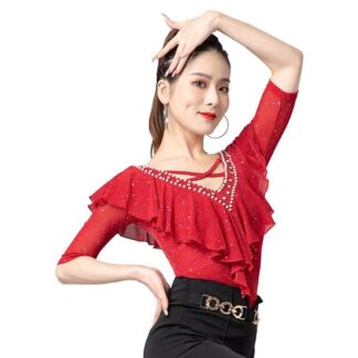 ラメ入り ダンストップス 社交ダンス 衣装 キラキラ 可愛いフリル 5分袖 ダンス トップス レッスンウェア モダン ダンスウェア ステージ衣装 コーラス衣装 フラメンコ衣装 舞台