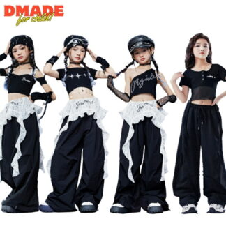 キッズ ダンス 衣装 黒 白 レース ダンス衣装 セットアップ 子供服 女の子 ヒップホップ Tシャツ パンツ 手袋 ヒップカバー ファッション ストリート 派手 かっこいい 個 ステージ衣装