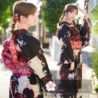浴衣 高校生 大人 可愛い セット レディース 桜柄 黒 赤 中学生 ゆかた 女性 大人っぽい ワンピース かわいい リボン 作り帯 花柄