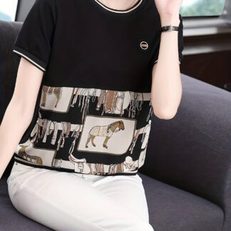 ホース Tシャツ レディース 半袖 クルーネック カットソー トップス 夏 カジュアル 古典的 クラシック デザインTシャツ 丸首 涼しい 快適 20代 30代 40代 ファッション