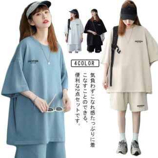 Tシャツ カジュアル ショートパンツ 半袖 夏服 ストレッチ 短パン 上下セット レディース セットアップ オーバーサイズ 半袖tシャツ ゆったり カットソー ハーフパンツ クルーネック