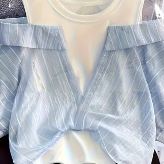 ブラウス レディース 半袖 レイヤード風 重ね着風 肩出し トップス シャツ ゆったり ショート丈 個性的 おしゃれ 春 夏 新作 カジュアル