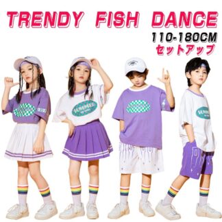 パープル ホワイト ミニスカート チアガール キッズ ダンス衣装 子供服 可愛い 半袖 トップス スカート ショーツ パンツ 女の子 男の子 HIPHOP JAZZ 幼稚園 発表会 舞台服 個