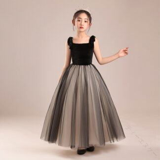 子供 ドレス キッズドレス 女児 キャミドレス ブラック 黒 ベロア ベルベット チュール ロングドレス 100~160cm 肩 リボン 可愛い 発表会 演奏会 七五三 ピアノ