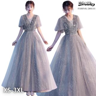 ドレス 大人用 ピアノ発表会 中学生 高校生 結婚式 お呼ばれ パーティードレス 韓国 ロングドレス グレー 袖あり 体型カバー スパンコール キラキラ 上品 Aライン Vネック グリ 華やか