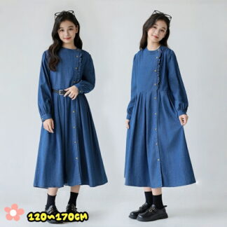 女の子 ワンピース 長袖 160 デニム キッズ ベルト 2点 春 秋 親子 子供服 可愛い 大きいサイズ 韓国子供服 小学生 中学生 結 おしゃれ