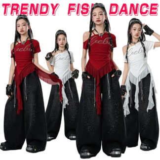 ワンショルダー キッズ ダンス衣装 セットアップ ヒップホップ 女の子 ストリート 半袖 レーストップス パンツ 子供服 カジュアル y2k アイドル 韓国kpop ダンスウェア 白 黒