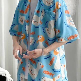 アロハシャツ メンズ 半袖シャツ ハワイアンシャツ ダック 総柄 開襟シャツ オープンカラー ビッグシルエット オーバーサイズ おもしろ 個性的 派手 涼しい カジュアル ストリート トップ