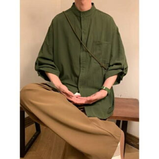 シャツ バンドカラー メンズ 半袖シャツ ノーアイロン加工 胸ポケット 七分袖 7分袖 襟なしシャツ バンドカラーシャツ 白シャツ 長袖