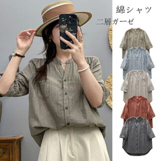 シャツ トップス レディース ブラウス 半袖シャツ 夏 綿シャツ チュニック シャツブラウス コットン アウター ガーゼシャツ 5分袖 綿100％ ストライプ柄 立ち襟 スキッパーカラー 前 可愛い