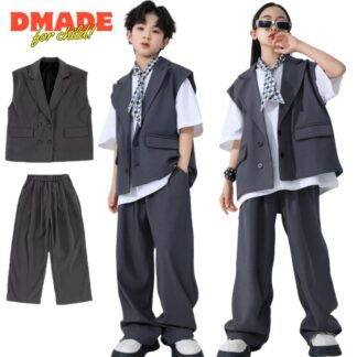 グレー スーツ キッズダンス衣装 セットアップ ヒップホップ 衣装 キッズ 子供服 男の子 女の子 スーツセット 韓国 ベスト 袖なし ズボン ロング丈 JAZZ ストリートダンス 演出