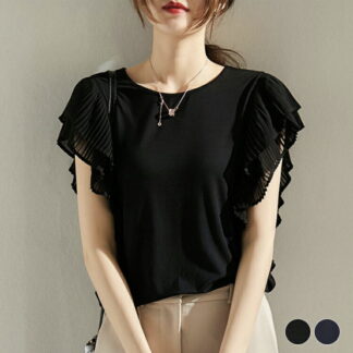 Tシャツ レディース トップス 夏 春 フリル ティアード プリーツ フレンチスリーブ 薄手 半袖 無地 シフォン エレガント オフィス 通勤 ブラック ネイビー 韓国 黒