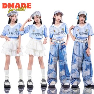 子供服 女の子 ダンス衣装 セットアップ キッズ ヒップホップ チアダンス 半袖 ストライプ トップス 白スカート デニムカーゴパンツ ブルー ホワイト へそ出し k-pop アイドル風 チアガ