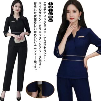 エステ エステユニフォーム レディース パンツセット 7分袖 美容師 クリニック 制服 女性 ネイル サロン 大きいサイズ 半袖 受付 上下セット ヘアサロン ネイルサロン 美容